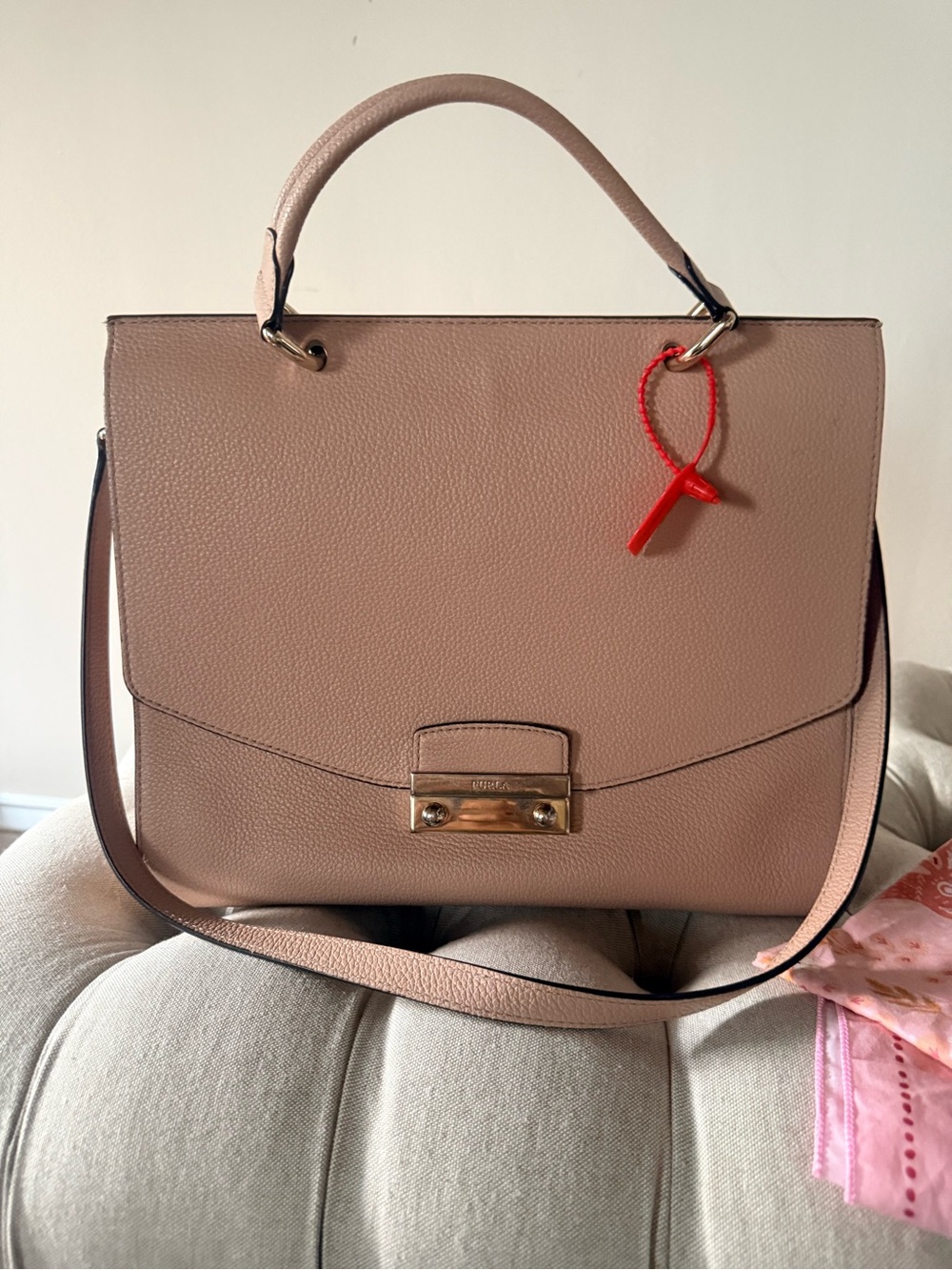Furla Julia Medium Leather Top Handle 2-Way Satchel Crossbody Bag Moonstone PINK